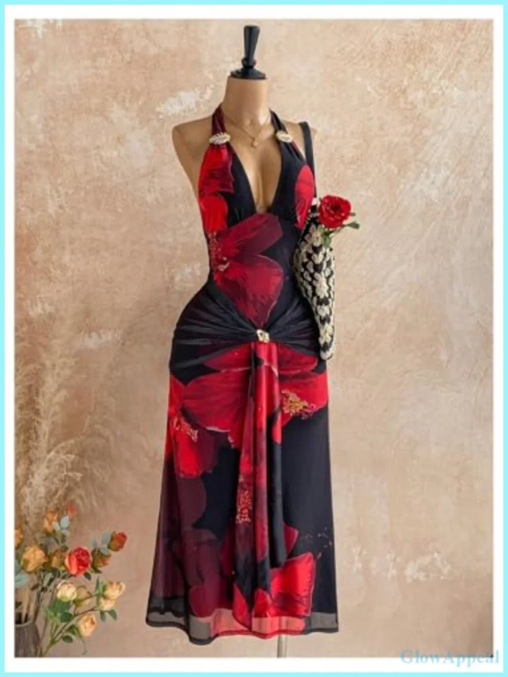 Halter Maxi Dress Deep V Neck Sleeveless Backless Tie Front Bodycon Long